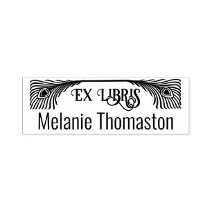 Tampon Auto-encreur 2 plumes de paon Art nouveau Ex Libris Bibliothèqu