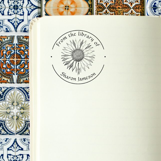 Tampon Auto-encreur À partir de la bibliothèque de/ Nom personnalisé / (Elegant Round Sunflower From the Library of Custom Name Books Stamp)
