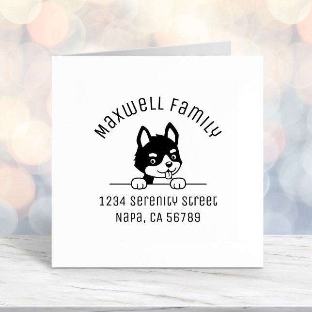 Tampon Auto-encreur Adresse de famille de l'arc de chiot Cute Husky (Créateur téléchargé)