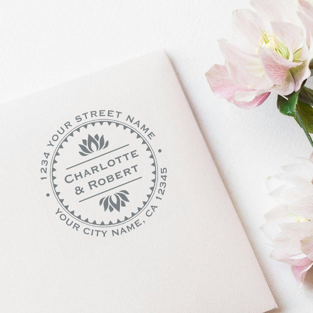 Tampon Auto-encreur Adresse de retour de fleurs Lotus élégante personn (Créateur téléchargé)
