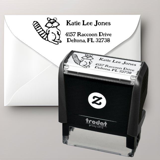 Tampon Auto-encreur Adresse de Retour de Raton Laveur de Style Gravure (Embellish your correspondence with this cute raccoon return address stamp.)