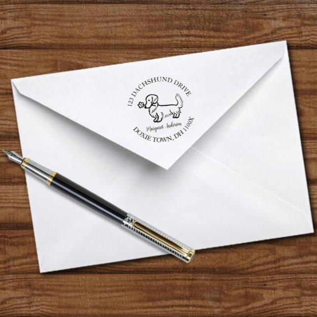 Tampon Auto-encreur Adresse de retour du dessin de crème longue Dachsh (Cream Long Haired Dachshund Cartoon Return Address Self-inking Stamp for Doxie Owners.  Cartoon.)