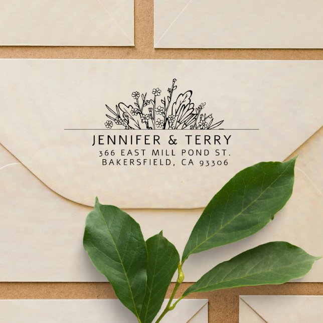 Tampon Auto-encreur Adresse de retour du Mariage Fleur sauvage dessiné (Créateur téléchargé)