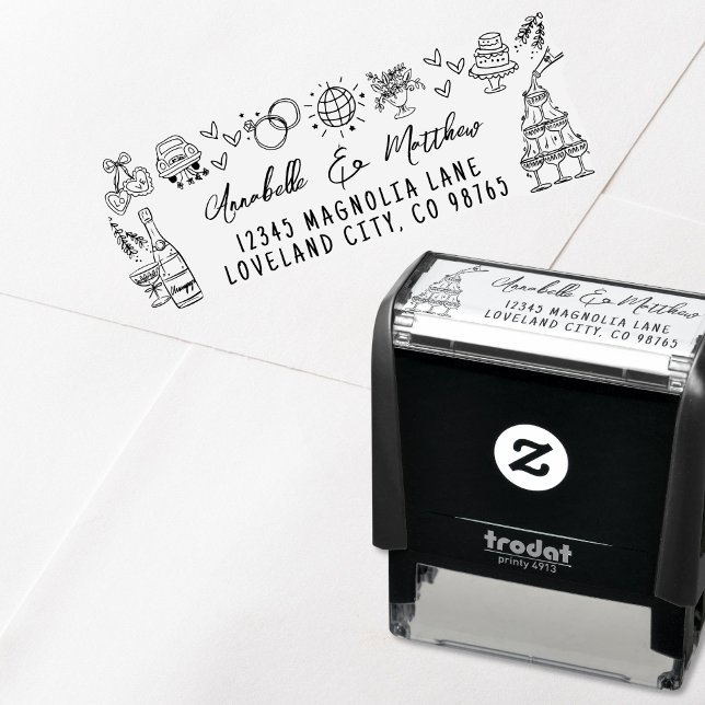Tampon Auto-encreur Adresse de retour du Mariage lunatique tiré à la m (Hand Drawn Whimsical Wedding Return Address self-inking stamp)