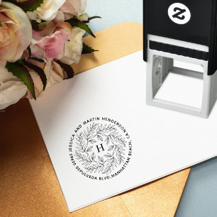 Tampon Auto-encreur adresse de retour du monogramme de couronne feuill