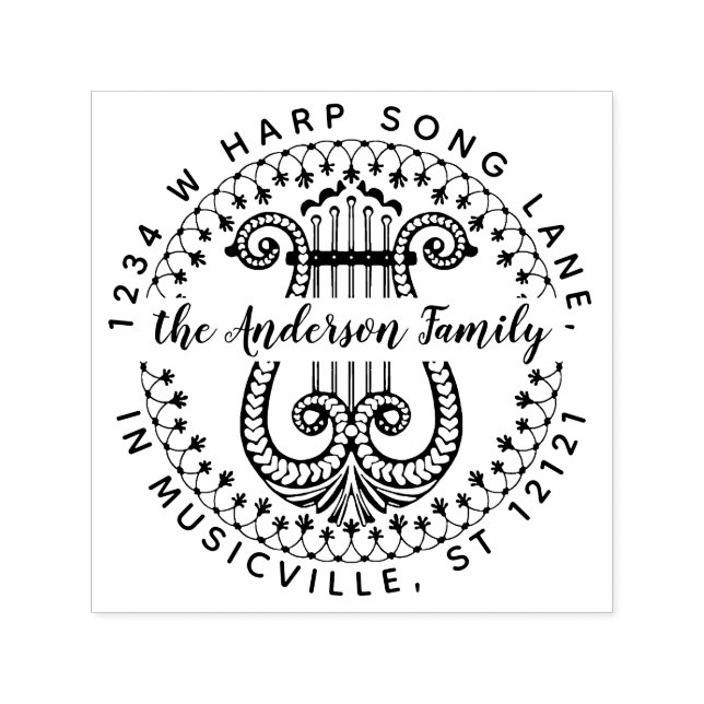 Tampon Auto-encreur Adresse de retour du nom de famille | Harpe élégan (Design)