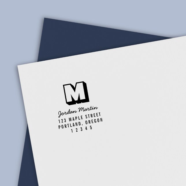 Tampon Auto-encreur Adresse de retour en monogramme en bloc et nom cur (Créateur téléchargé)