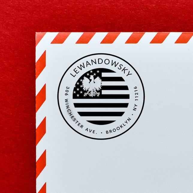 Tampon Auto-encreur Adresse de retour patriotique polonaise-américaine (Polish - American Eagle USA Flag Patriotic Return Address Stamp. Perfect to celebrate 4th of July!)