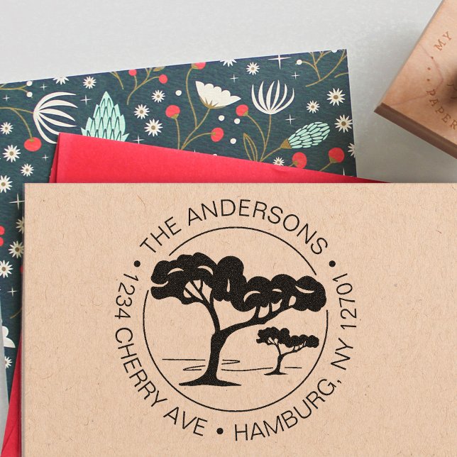 Tampon Auto-encreur Adresse de retour personnalisée Arbre de pins para (Créateur téléchargé)