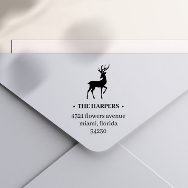 TAMPON AUTO-ENCREUR  ADRESSE DE RETOUR REINDEER ANTLERS ÉLÉGANT (Elegant rustic self inking stamp with return address with a profile of a reindeer with antlers)