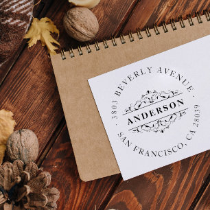 Tampon Auto-encreur Adresse de retour ronde de Flourish rouge du nom