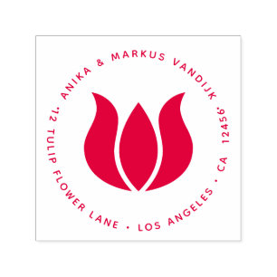 Tampon Auto-encreur Adresse de retour ronde rouge de fleur de tulipe
