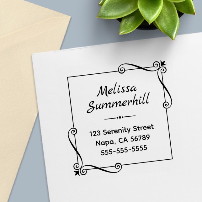 Tampon Auto-encreur Adresse du cadre du Carré Corner Swirls (Créateur téléchargé)