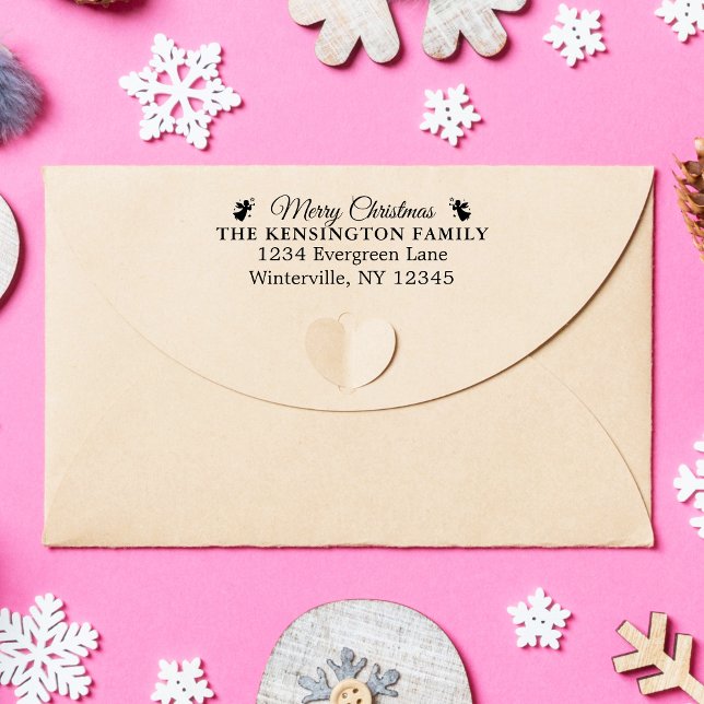 Tampon Auto-encreur Adresse familiale de Noël Joyeux personnalisée ave (Custom Merry Christmas Family Address with Bells Self-inking Stamp)