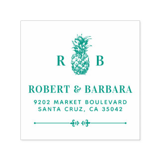 Tampon Auto-encreur Ananas vert | Adresse de retour des initiales du M