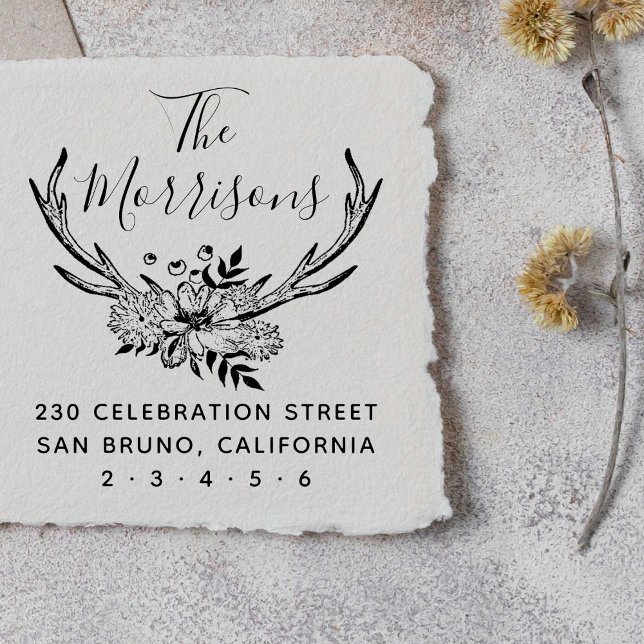 Tampon Auto-encreur Antlers Floraux dessinés à la main Adresse de reto (Créateur téléchargé)