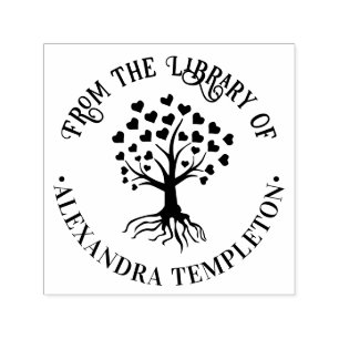 Tampon Auto-encreur Arbre avec Feuilles cardiaques, Roots Rnd Library