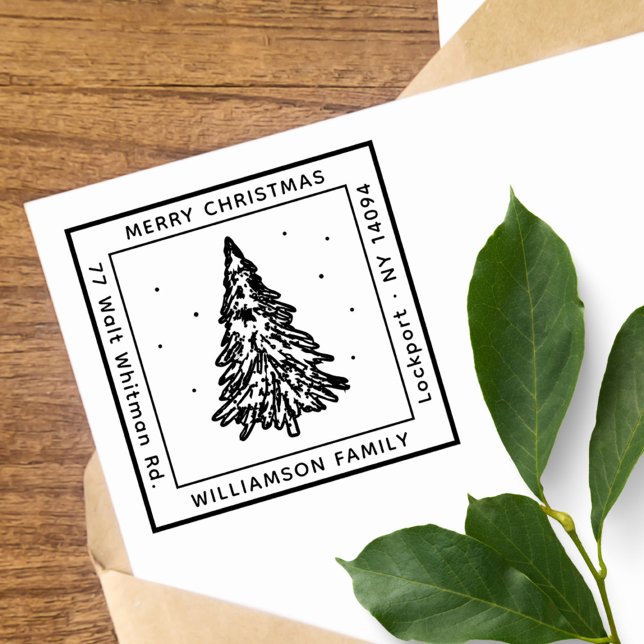 Tampon Auto-encreur Arbre de Noël moderne/Pin/Famille Adresse de retou (Modern Christmas Pine Tree Family Return Address Self-inking Stamp)