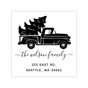 Tampon Auto-encreur Arbre de Noël Vintage Truck Adresse de retour