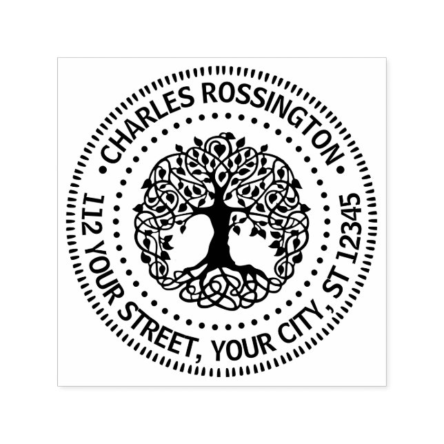 Tampon Auto-encreur Arbre feuillu avec racines Nom Adresse de retour N (Design)