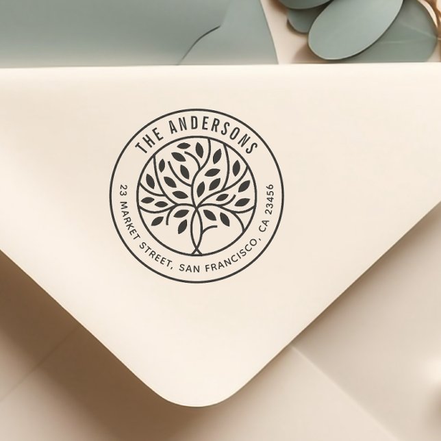 Tampon Auto-encreur Arbre moderne | Nom de famille personnalisé et adr (Rubber Stamp Mock-up)
