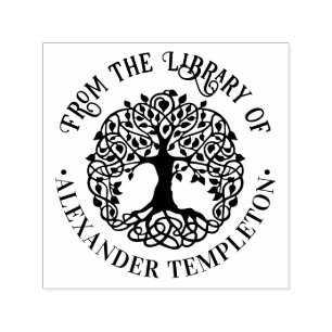 Tampon Auto-encreur Arbre rustique feuillu avec racines Nom de la bibl