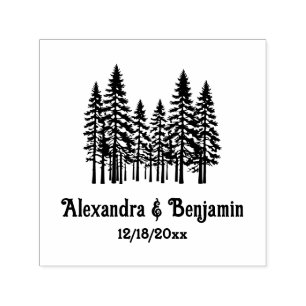 Tampon Auto-encreur Arbres de sapin élégants Mariage Couple Nom Date