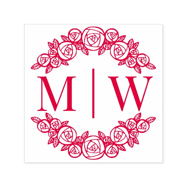 Tampon Auto-encreur Arched Roses Mariage 2 Initiales Rond Monogramme (Design)