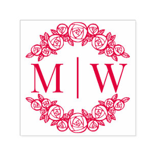 Tampon Auto-encreur Arches de Roses Mariage 2 Initiales Monogramme Ron