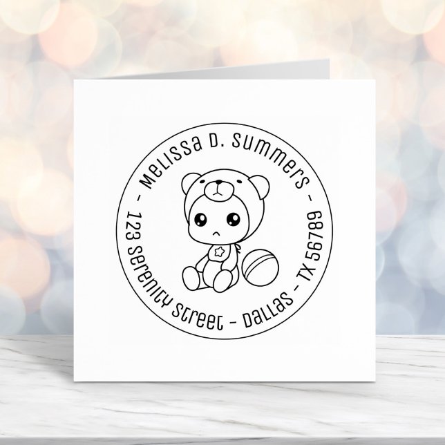 Tampon Auto-encreur Baby Boy Girl Bear Jumpsuit Round Address (Créateur téléchargé)