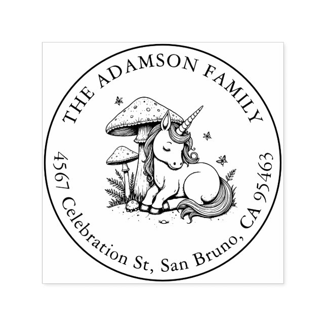 Tampon Auto-encreur Bébé dormant Unicorne Sous Toadstool Nom Adresse (Design)
