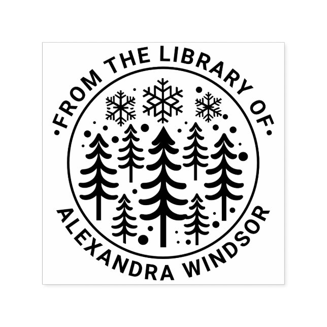 Tampon Auto-encreur Bibliothèque Fir Trees et Snowflakes Nom du livre  (Design)