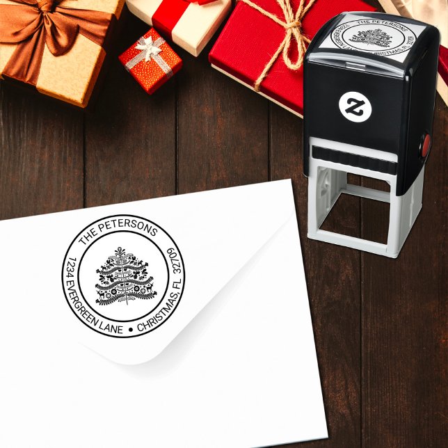 Tampon Auto-encreur Blanc sur Red Scandinavian Christmas Tree Adresse (Créateur téléchargé)