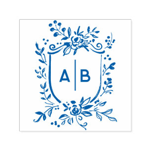 Tampon Auto-encreur Blason Botanique Bleu Français Monogramme de Maria