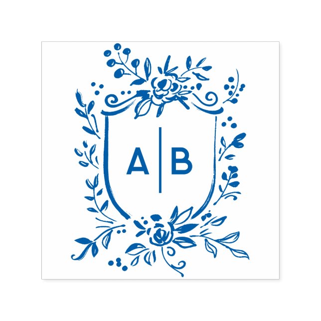 Tampon Auto-encreur Blason botanique bleu français pour mariage monogr (Design)