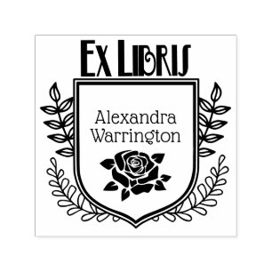 Tampon Auto-encreur Blason Botanique Rose Ex Libris Nom du Livre