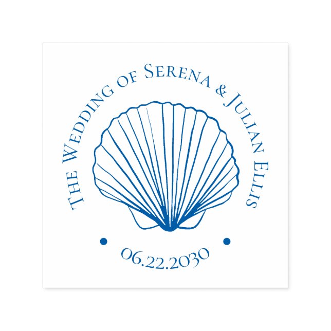 Tampon Auto-encreur Blue Coastal Elegant Seashell Wedding Monogram (Design)
