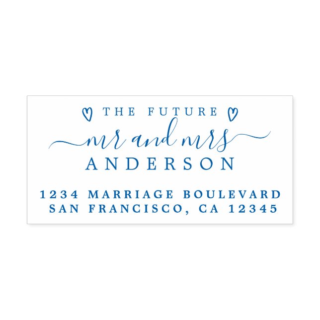 Tampon Auto-encreur Blue Script Future M. Mme Mariage Adresse de retou (Design)