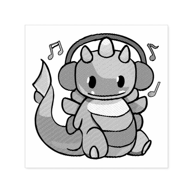 Tampon Auto-encreur Bon dragon avec écouteurs écoutant de la musique. (Design)