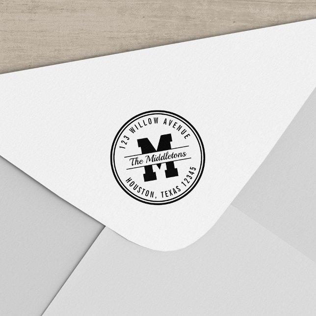 Tampon Auto-encreur Bordure ronde Monogramme Style de Varsité Adresse  (Créateur téléchargé)