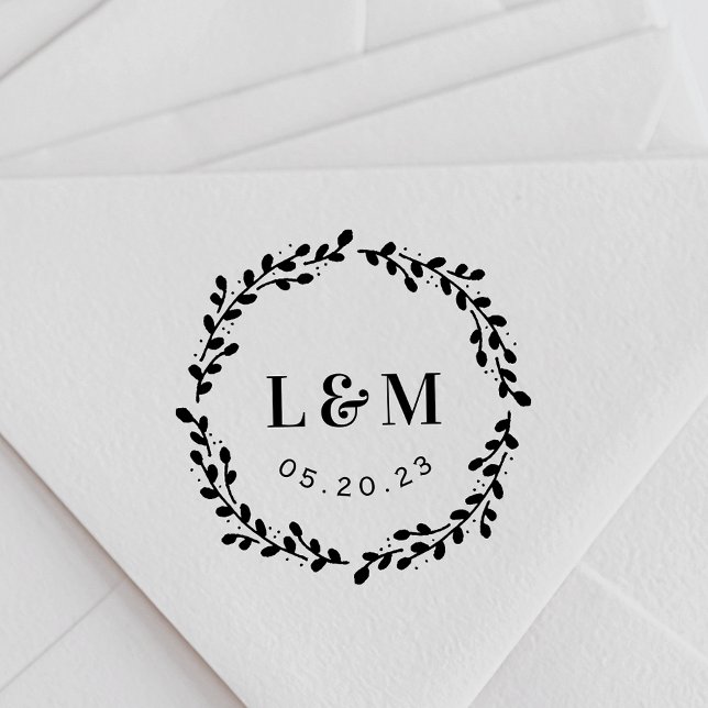 Tampon Auto-encreur Botanical Wreath Monogram Wedding Save the Date (Créateur téléchargé)