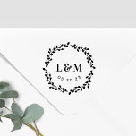 Tampon Auto-encreur Botanical Wreath Monogram Wedding Save the Date<br><div class="desc">Custom-designed Save the Date self-inking wedding stamp featuring hand-drawn rustic wreath and customizable initials (monogram) and wedding date. Perfect for wedding invitations,  envelopes,  wedding favors,  and DIY gifts.</div>