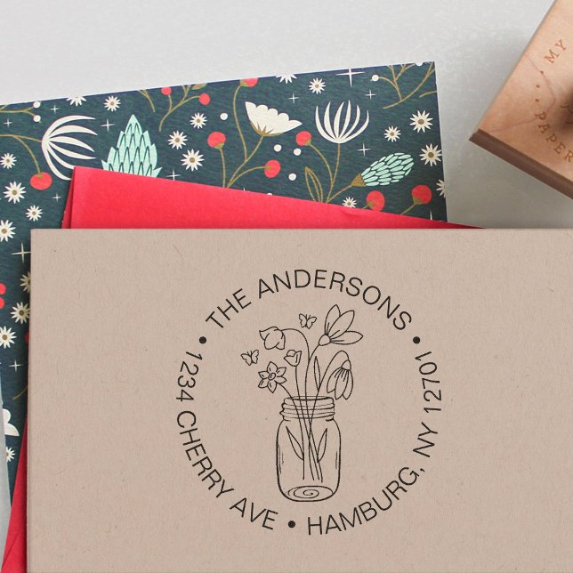 Tampon Auto-encreur Bouquet de fleurs mignonnes Mason Jar Famille (Créateur téléchargé)