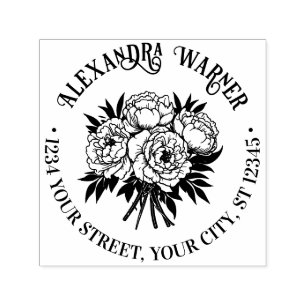 Tampon Auto-encreur Bouquet de pivoines Nom Adresse de retour