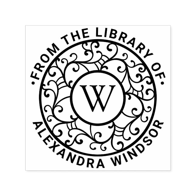 Tampon Auto-encreur Branches Dentelle Filigrane Nom Initial Bibliothèq (Design)