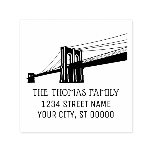 Tampon Auto-encreur Brooklyn Bridge NYC Silhouette Nom Adresse de reto (Design)