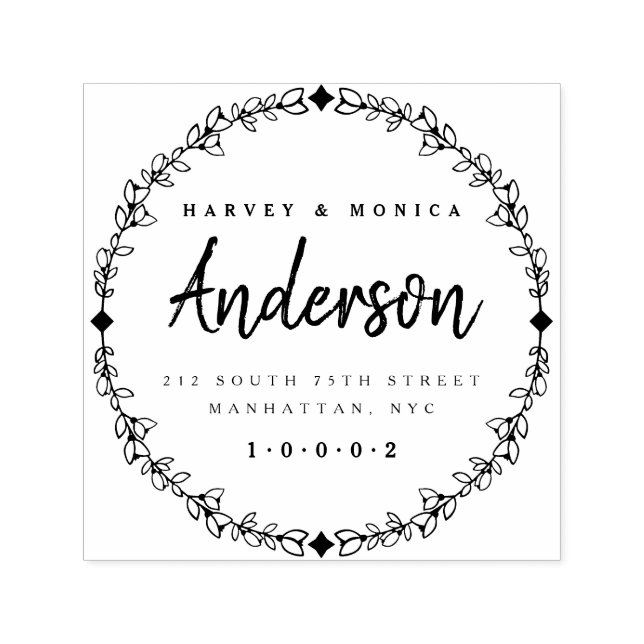 Tampon Auto-encreur Brosse Script & Main Drake Wreath Adresse de retou (Design)