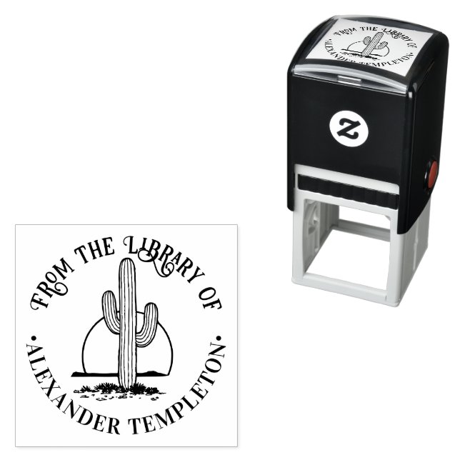 Tampon Auto-encreur Cactus du désert contre Sun Library Nom du livre (En situation)