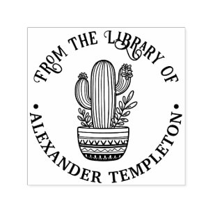 Tampon Auto-encreur Cactus fleuri en pot #1P Nom du livre de la biblio