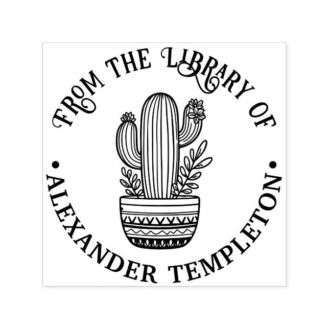Tampon Auto-encreur Cactus fleuri en pot #1P Nom du livre de la biblio (Design)